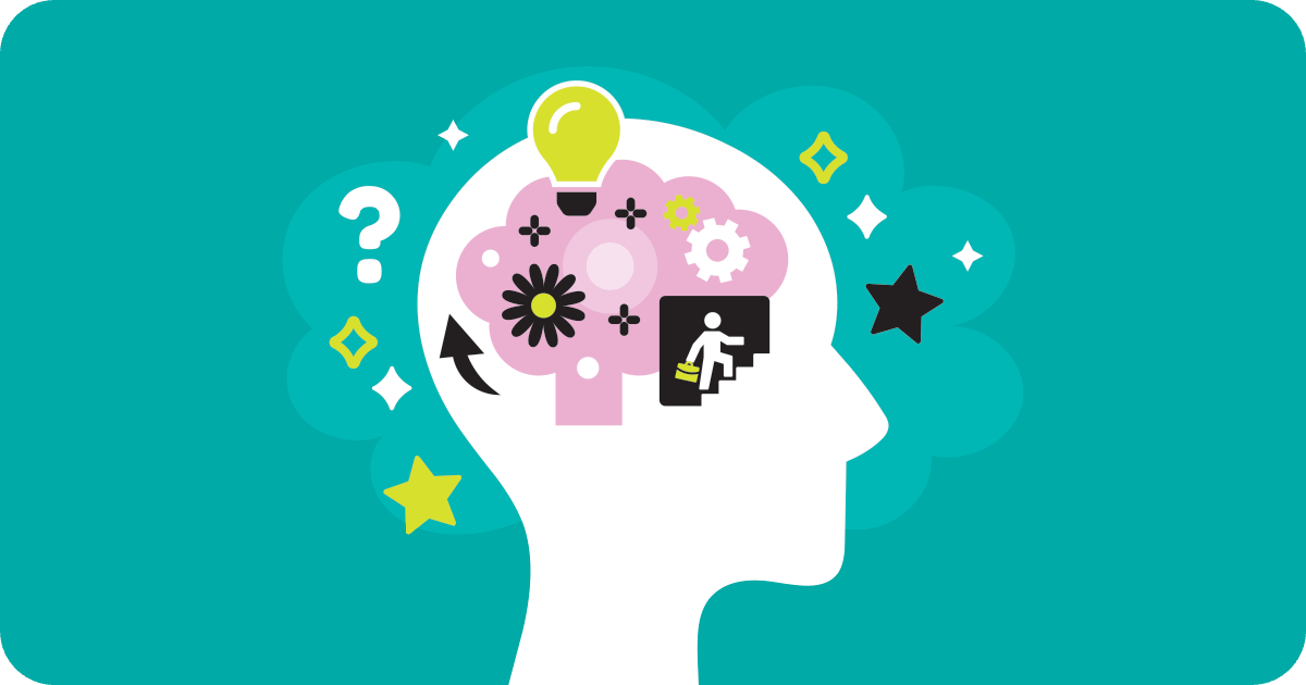 inside of a brain with stars, sparkles, wheels, lightbulb