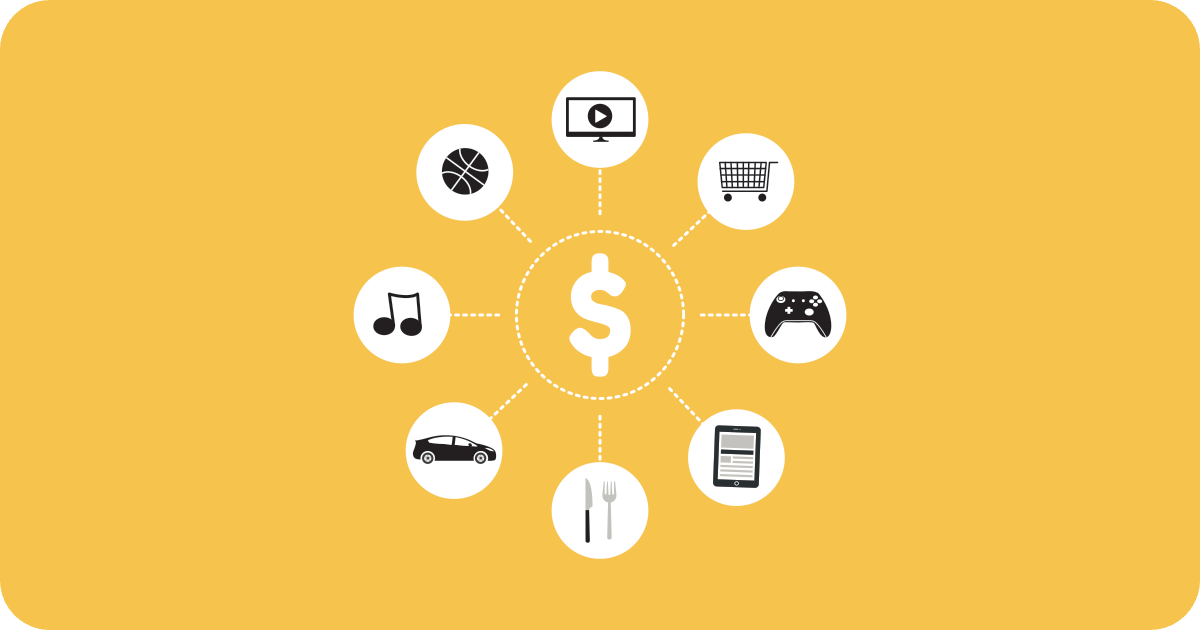 dollar sign with digital icons in a circle around it, including shopping, music, dining, sports