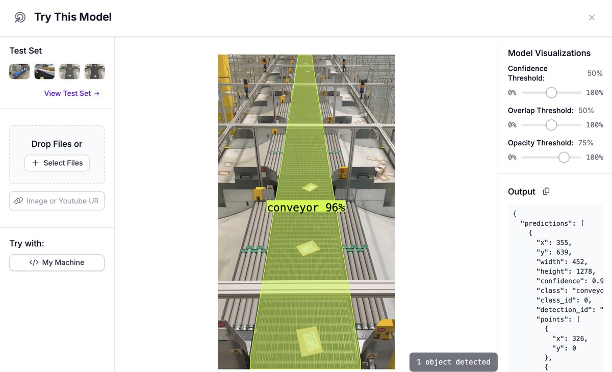 Conveyor belt segmented in Roboflow's Try This Model view