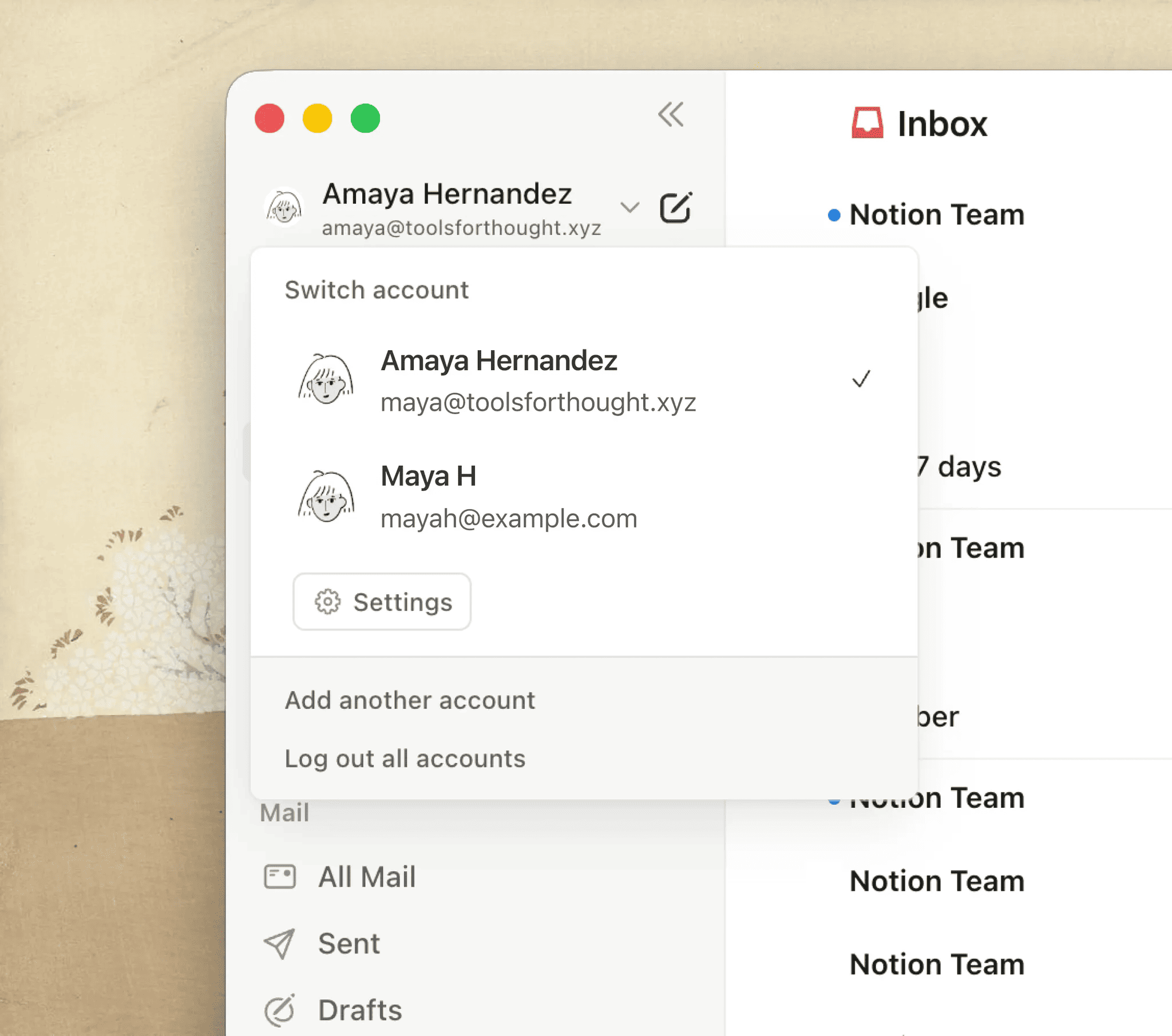 Gestión de múltiples cuentas de correo en Notion Mail