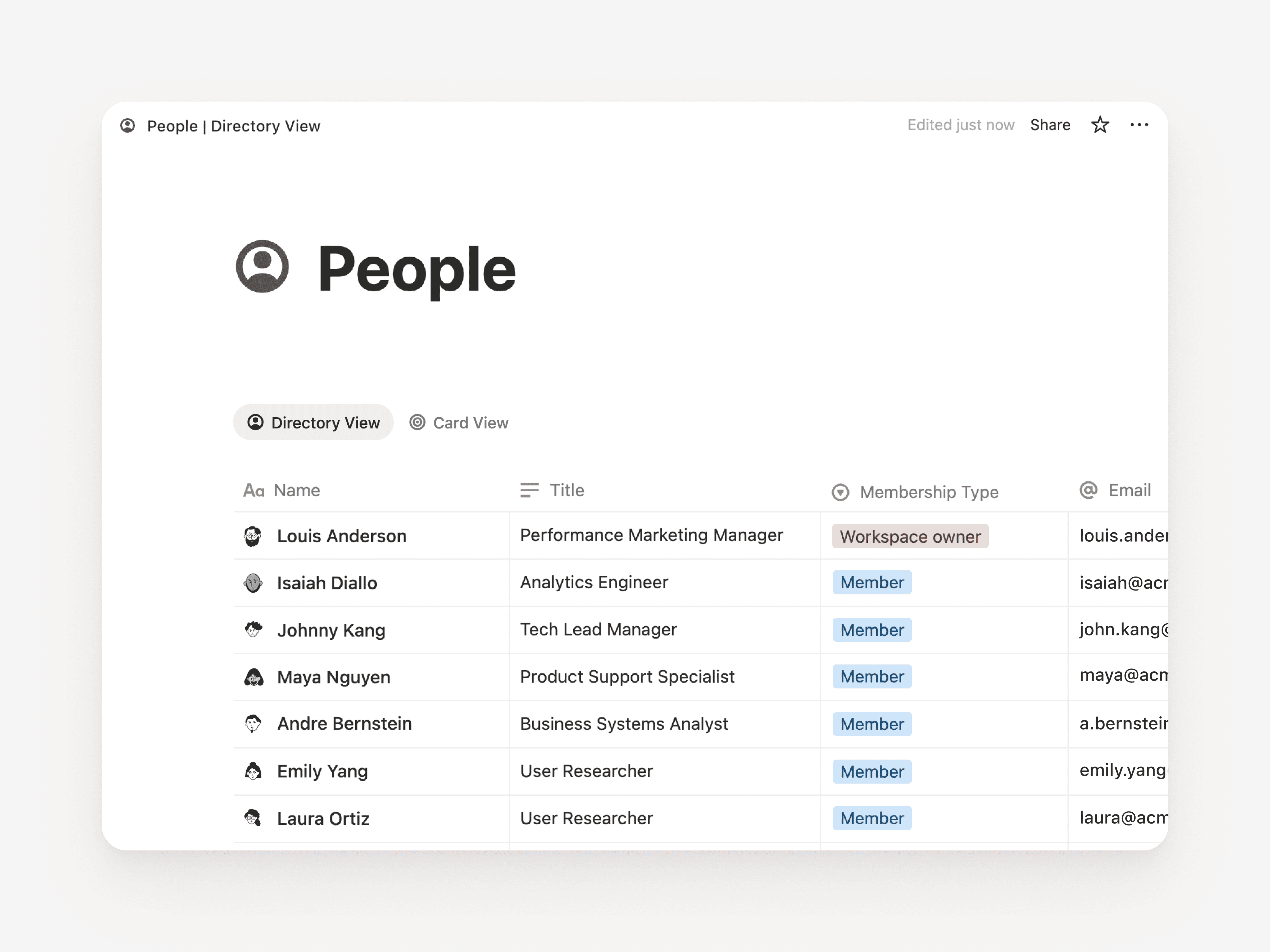 Directorio de personas mostrando miembros del equipo en Notion 3.2