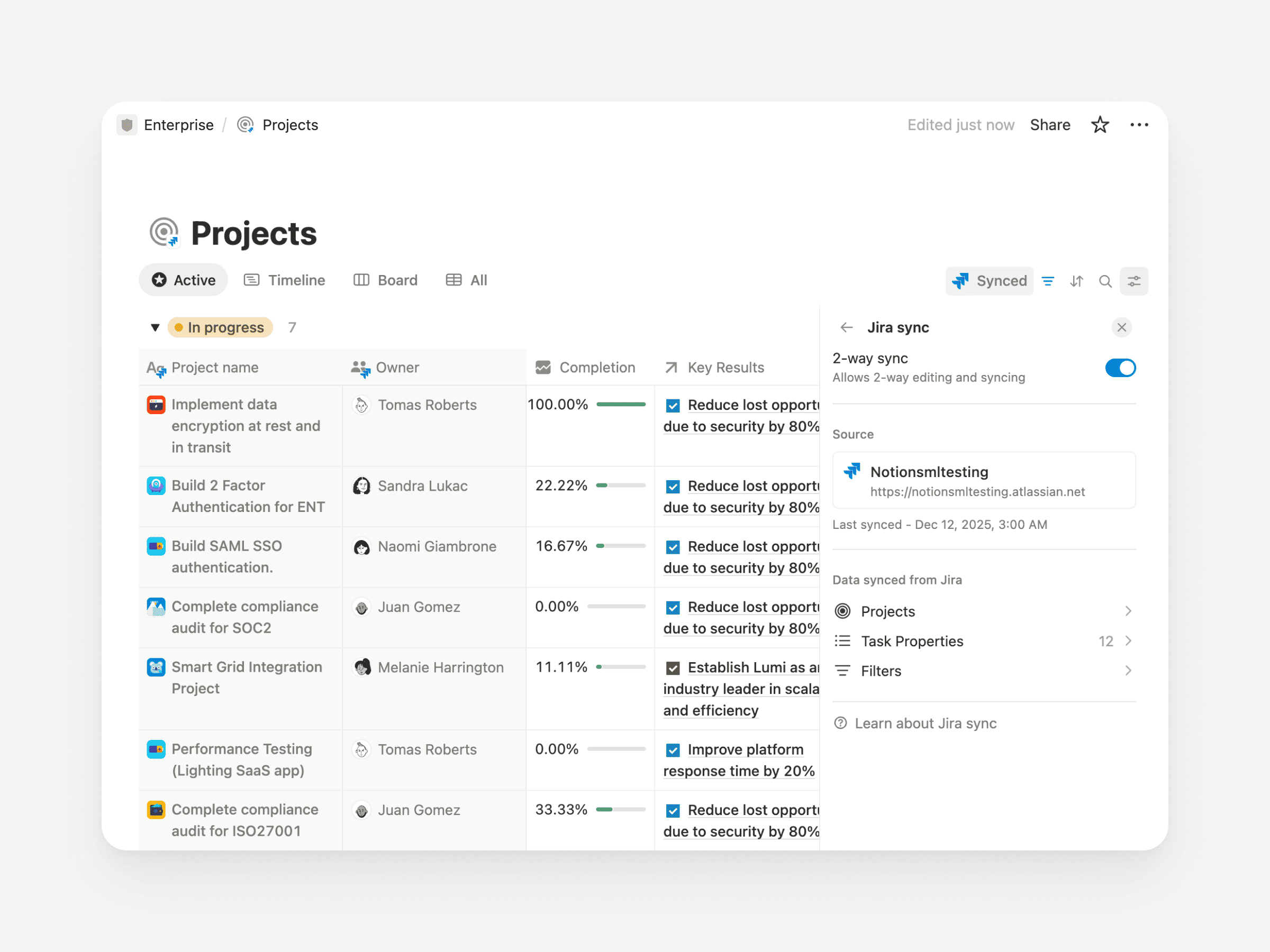 Integración bidireccional entre Notion y Jira mostrando sincronización de proyectos