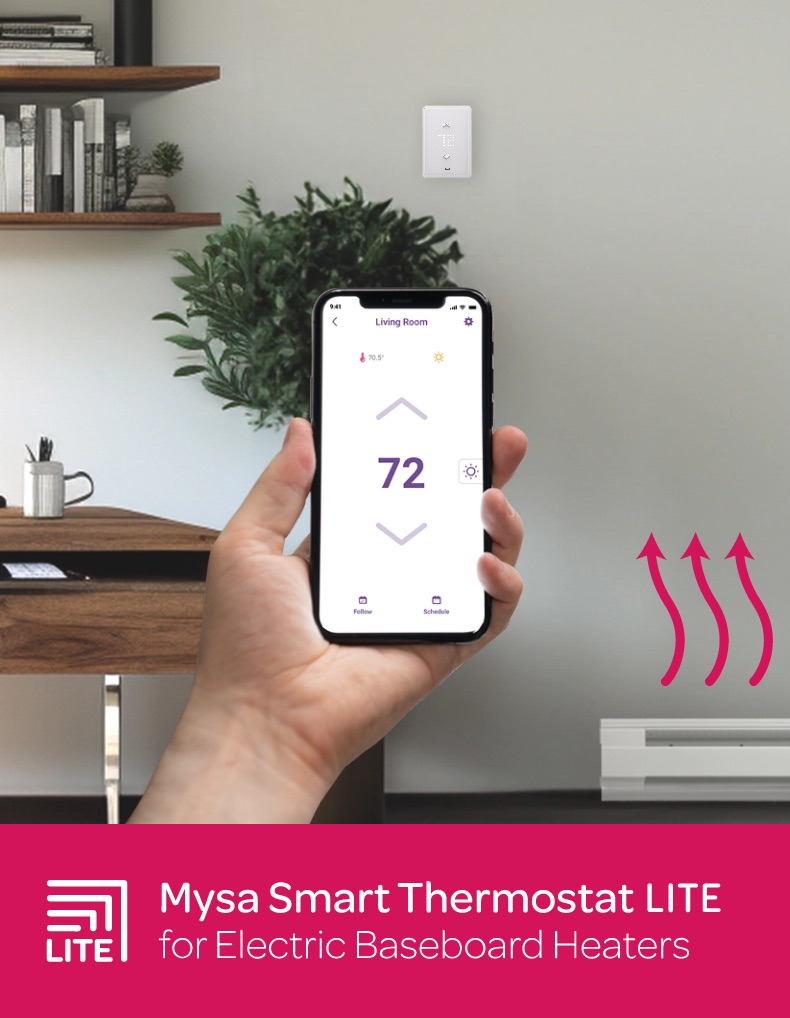 image of mobile phone remotely controlling Mysa for baseboard heaters LITE