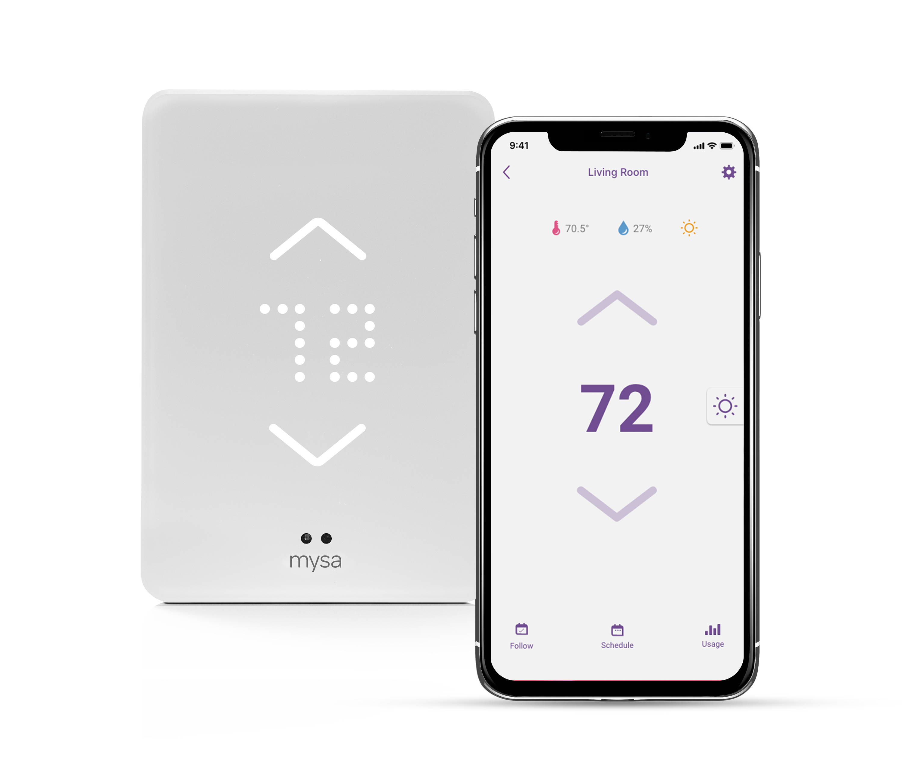 image of Mysa unit for baseboard heating beside Mysa App