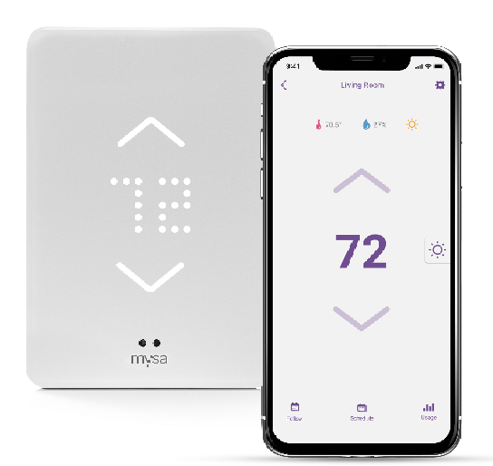 image of Mysa unit for baseboard heating beside Mysa App