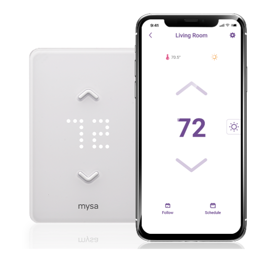 image of Mysa unit for baseboard heating beside Mysa App