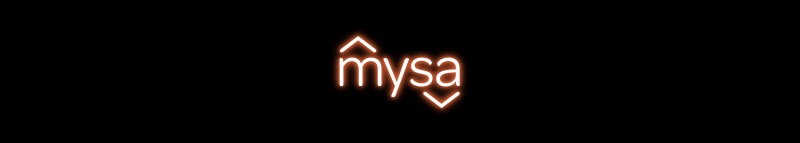 colour gradient 'Mysa' logo fading from red, to purple, to blue 